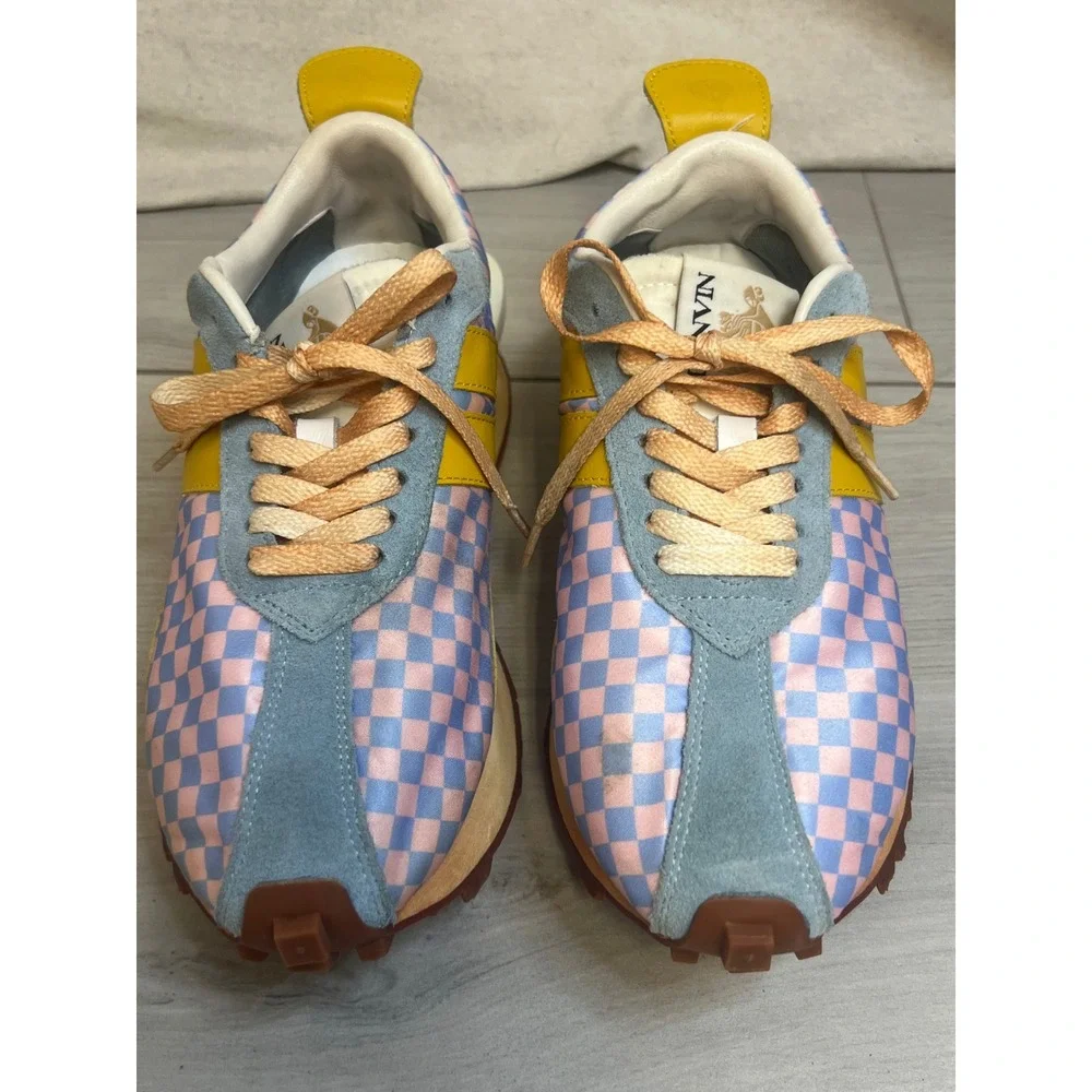 Lanvin Bumper Sneakers Pink Blue Checkered Suede Sz 40 Luxury Retro Trainers
